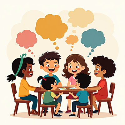 Children sit around a table communicating.