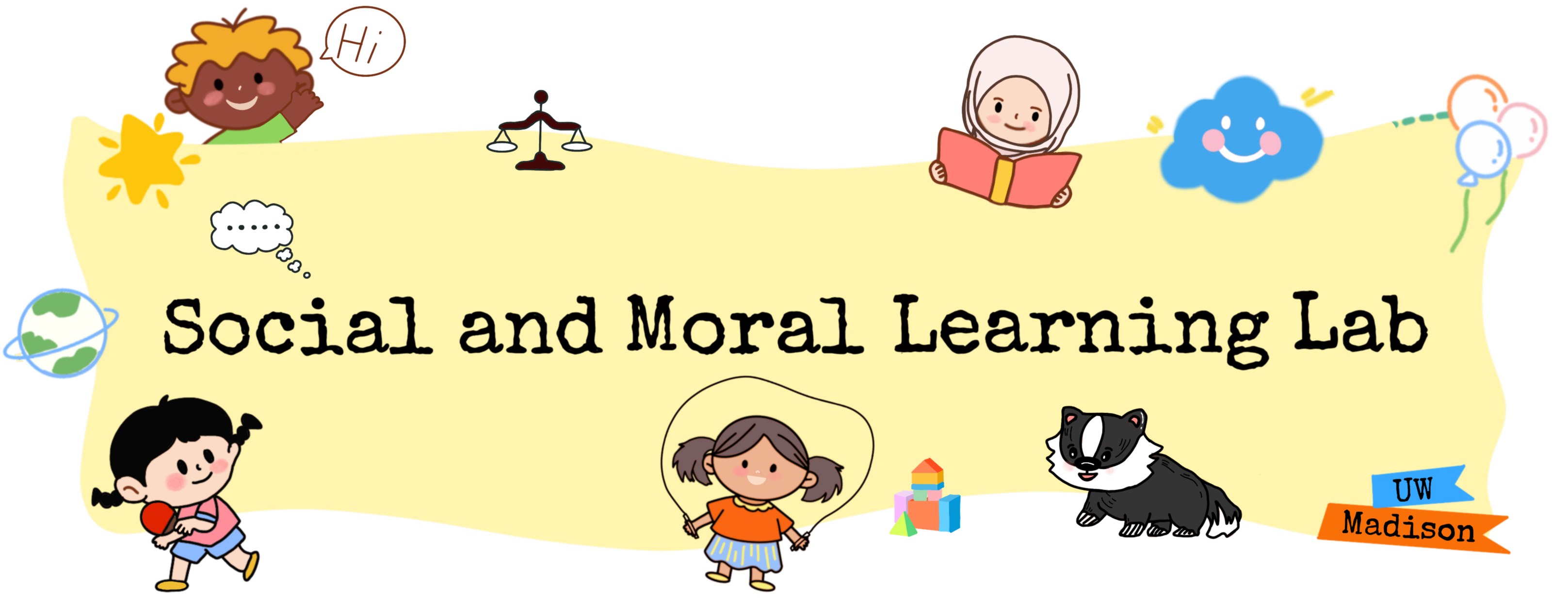 Colorful illustrated banner for the Social and Moral Learning Lab at UW–Madison, featuring children playing and reading, a badger, and playful science-themed illustrations.