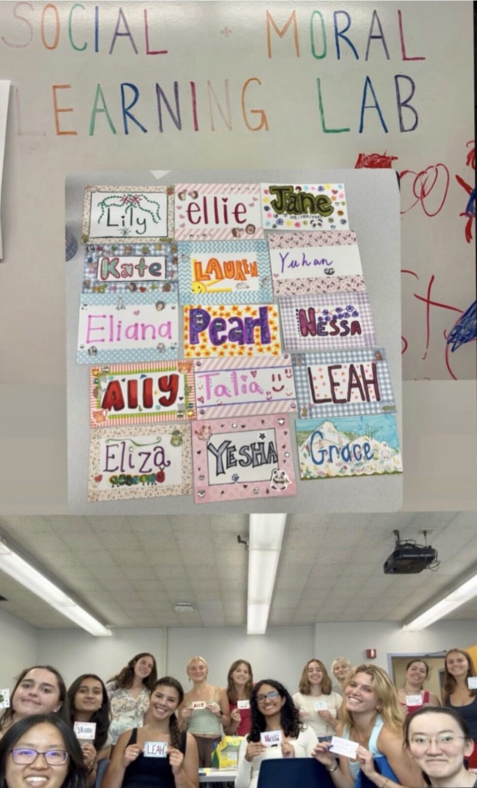 Colorful, handmade name tags created by Social and Moral Learning Lab members during a lab social, with a group photo of lab members gathered together below.